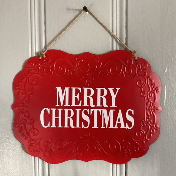 NWT Beautiful Holiday Red & White Merry Christmas Embossed Metal Decoration Sign - Picture 1 of 12